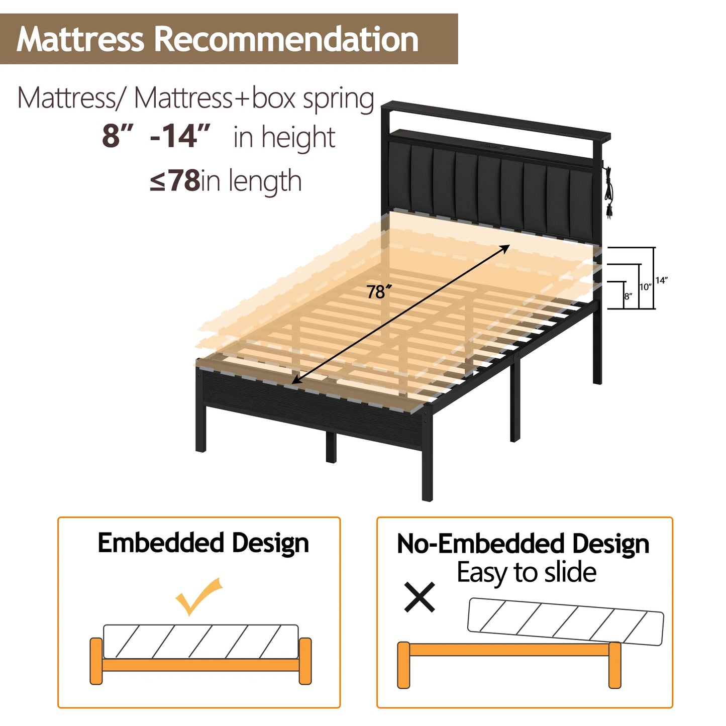 Full/Queen size bed frame with charging station, LED