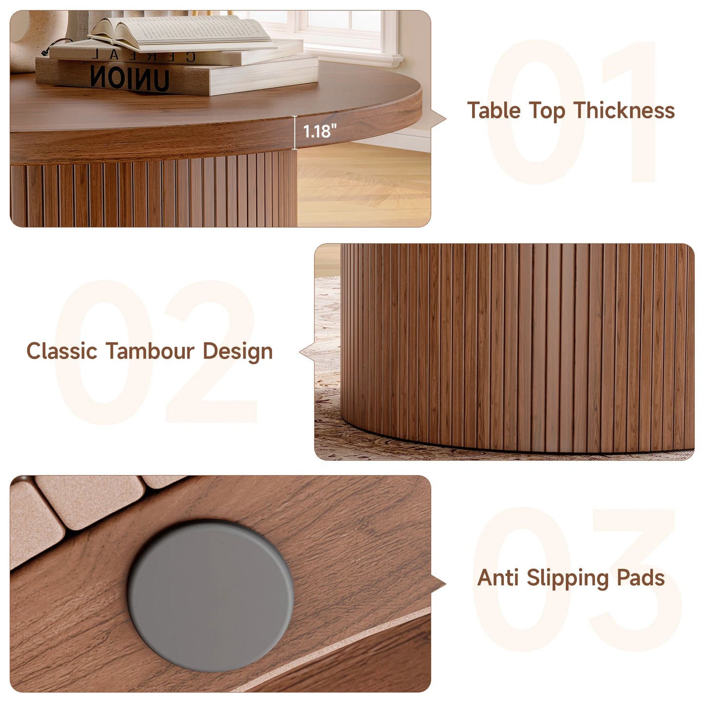 31.5" Round Coffee Table,Tambour Design Coffee Tables,Mid Century Modern Wood Coffee Table,Drum Accent Small Center Table,Walnut