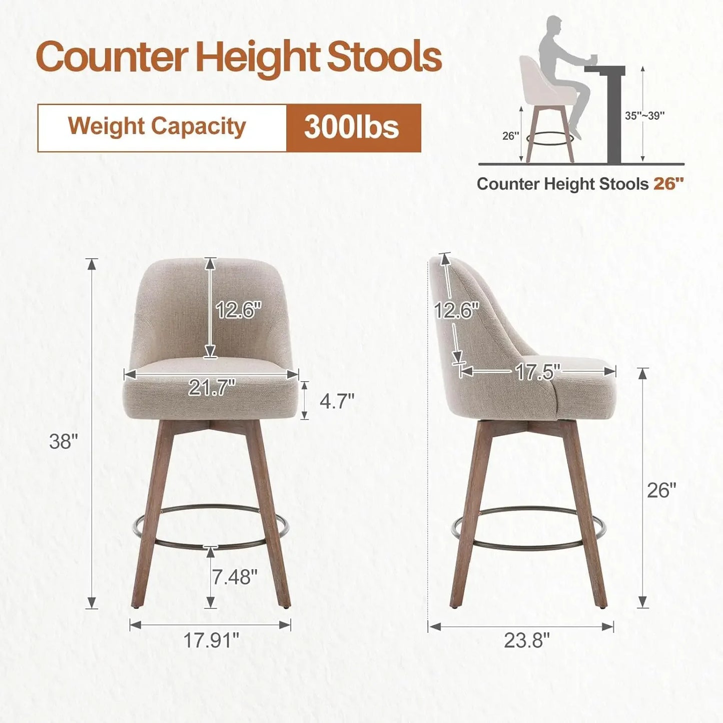 Counter Height Bar Stools Set of 3 with Backs and Wood Legs