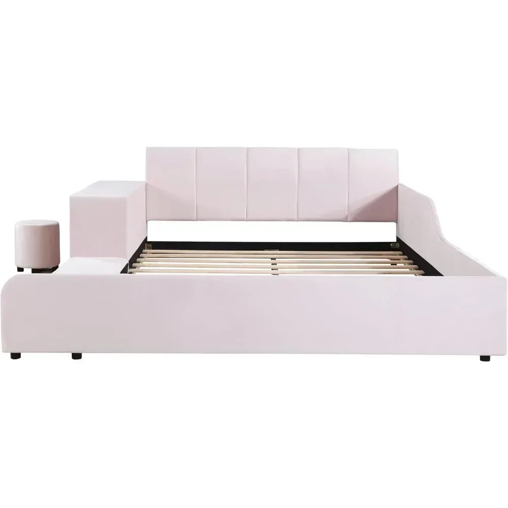 Queen Size Bed Frame with Bedside Desk and Little Round Stool