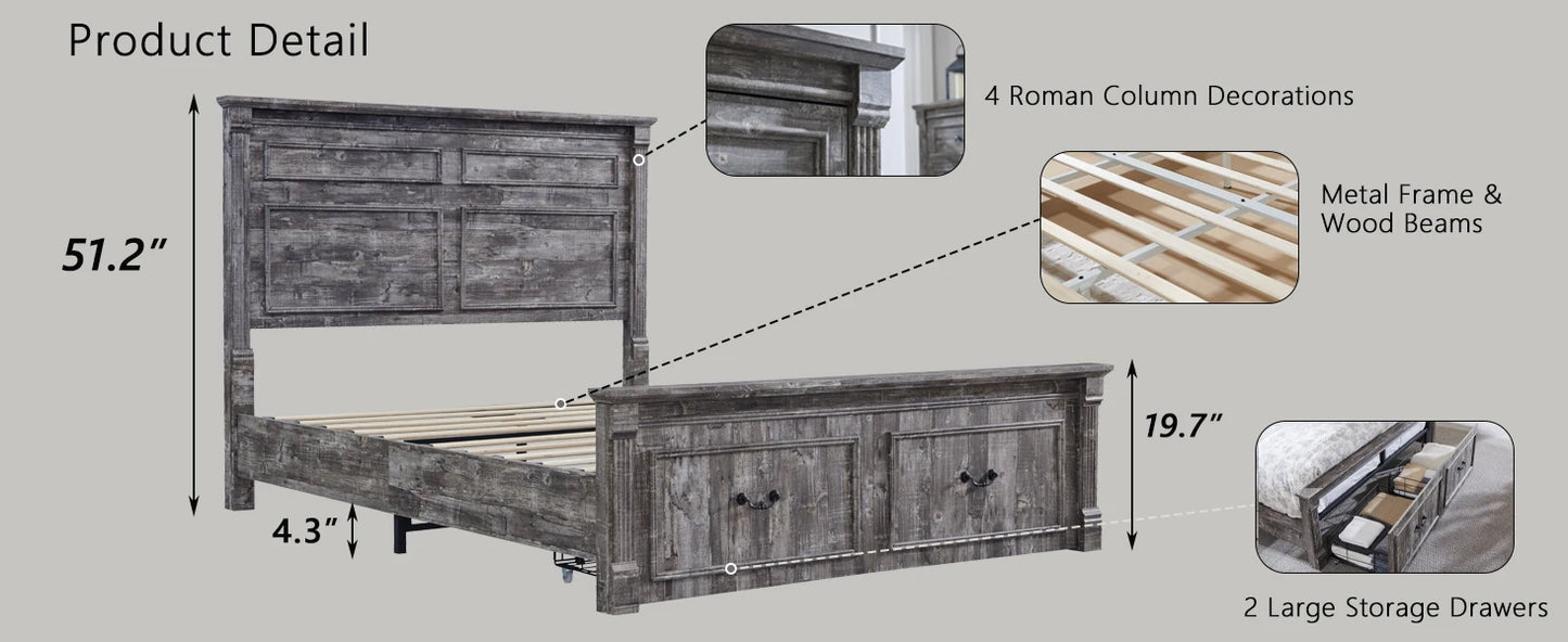 Queen Size Bed Frame, with Storage Drawers