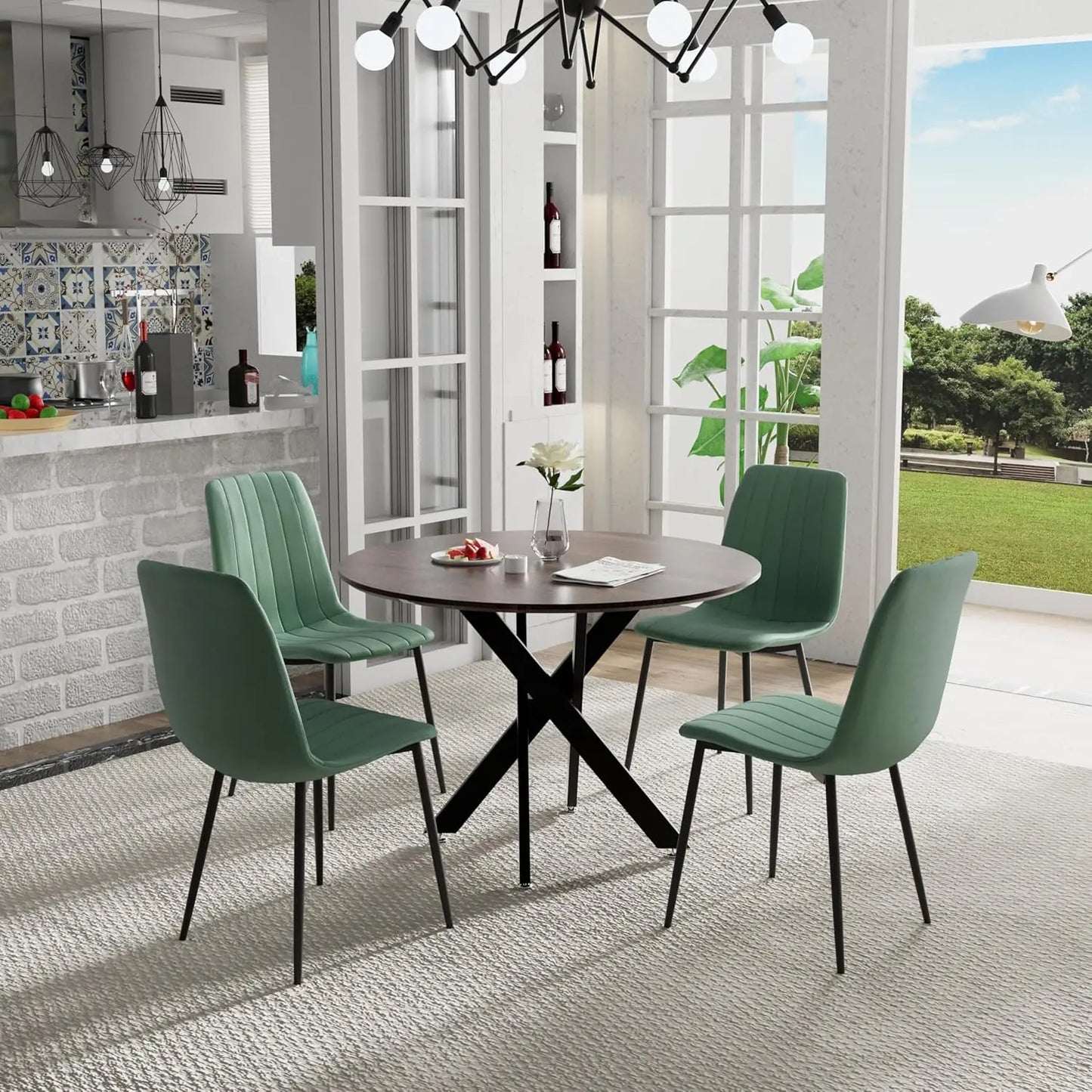 5 Piece Circle Dining Table Set for 4, 42 Inch Black Table & Velvet Upholstered Chairs With Sturdy Metal Legs, Round Kitchen
