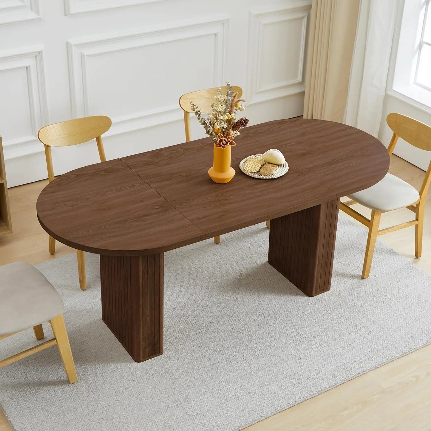 70.8 Inch Kitchen Dining Table for 4-6 People, Oval Kitchen Table with Wood Strip Base, Farmhouse Large Round Dining Room Tables