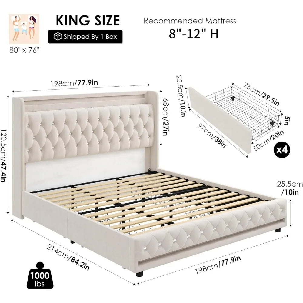 Velvet Upholstered Bed Frame with Storage – King, Queen, Full Sizes