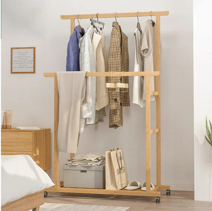 Double Hanging Rails Coat Rack with Storage Shelves
