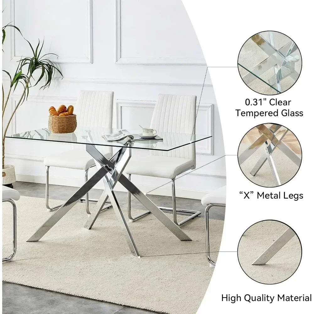 Rectangular Glass Dining Table Kitchen Glass Top Table for 4 with Metal Legs,Dining Table Kitchen Glass Tables for Kitchen