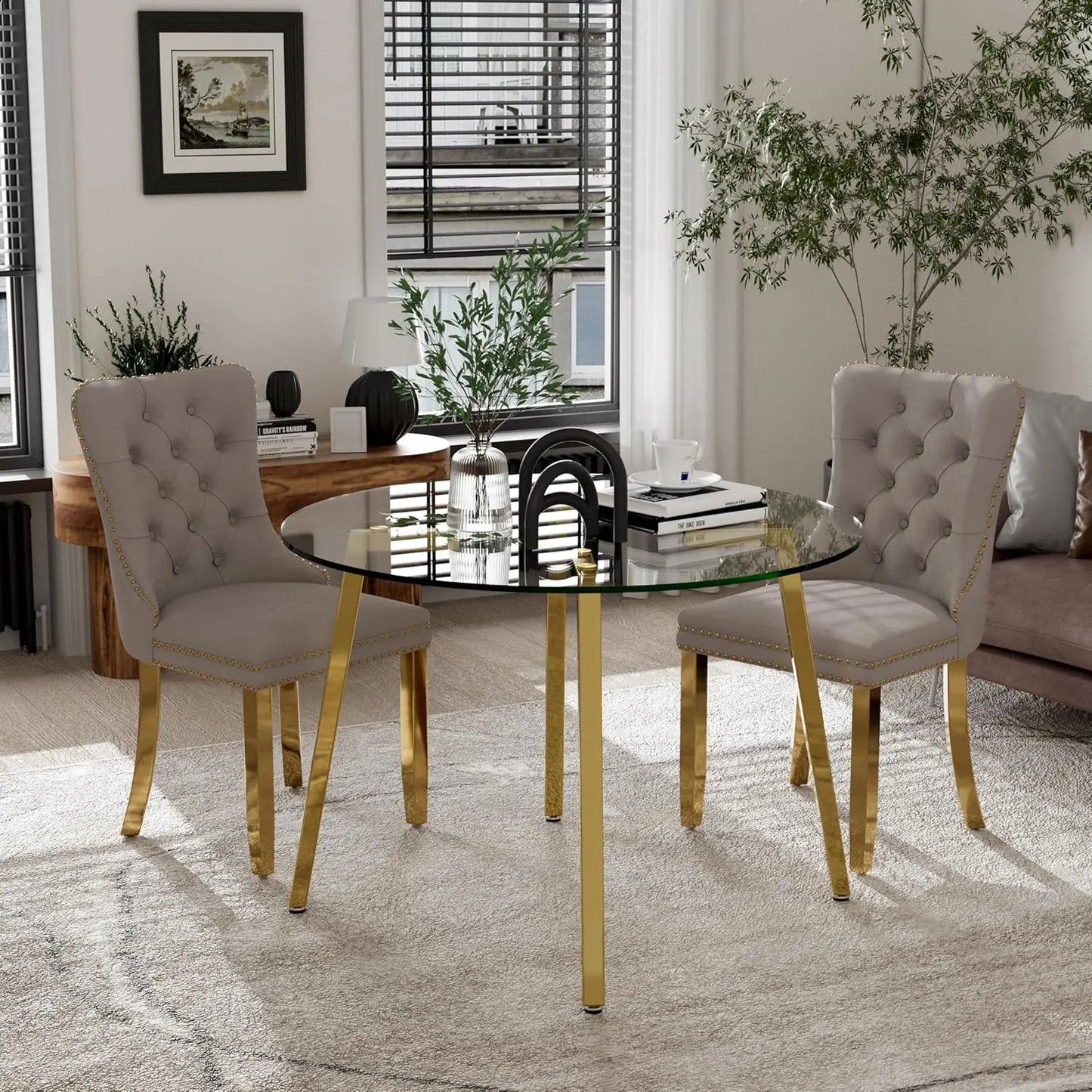 5 Piece Luxury Round Glass Dining Set, Modern Minimalist Circle Kitchen Table Set for 4, 42'' Clear Circular Glass Top Dinner Ro