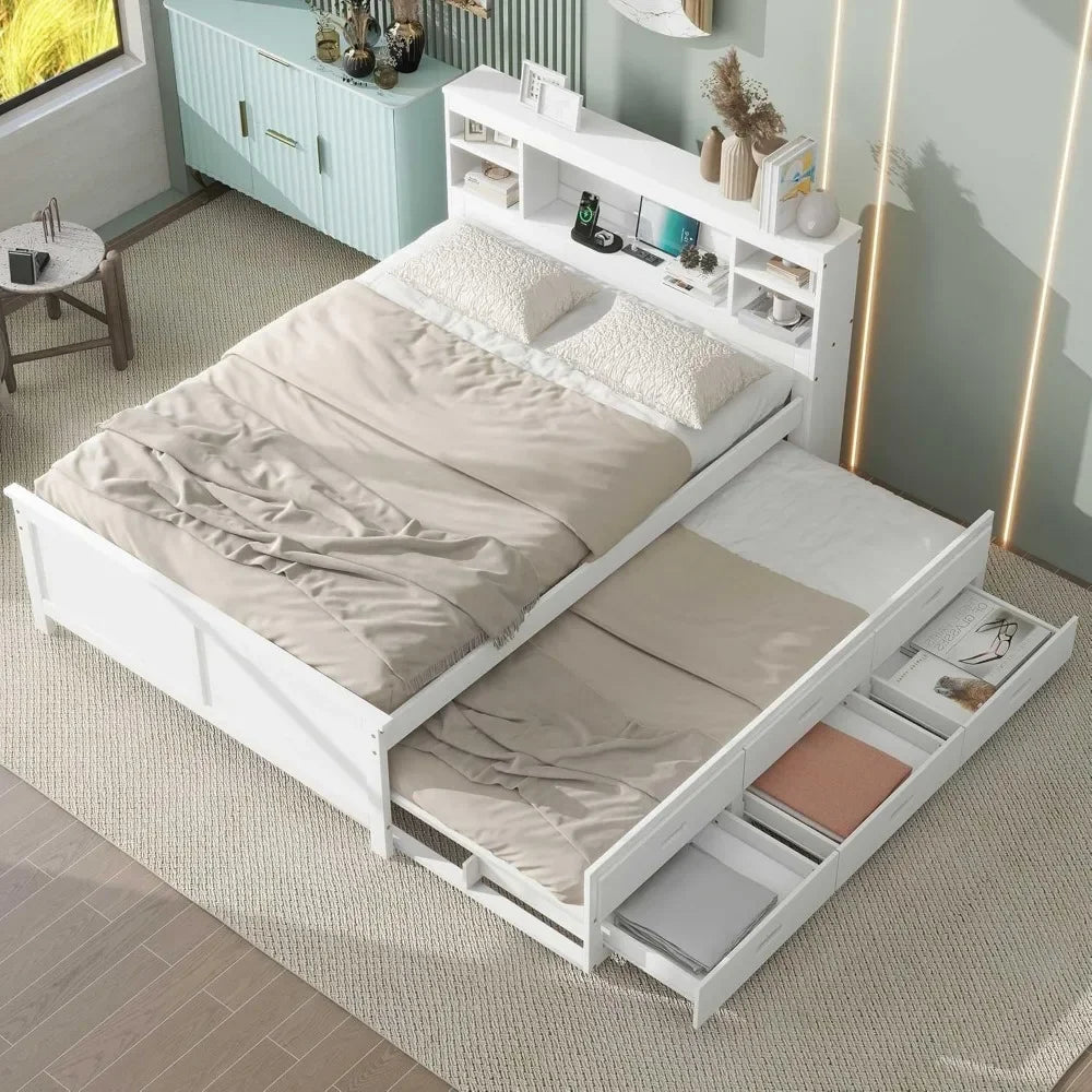 Full & Twin Storage Bed With Bookcase Headboard Wood Platform