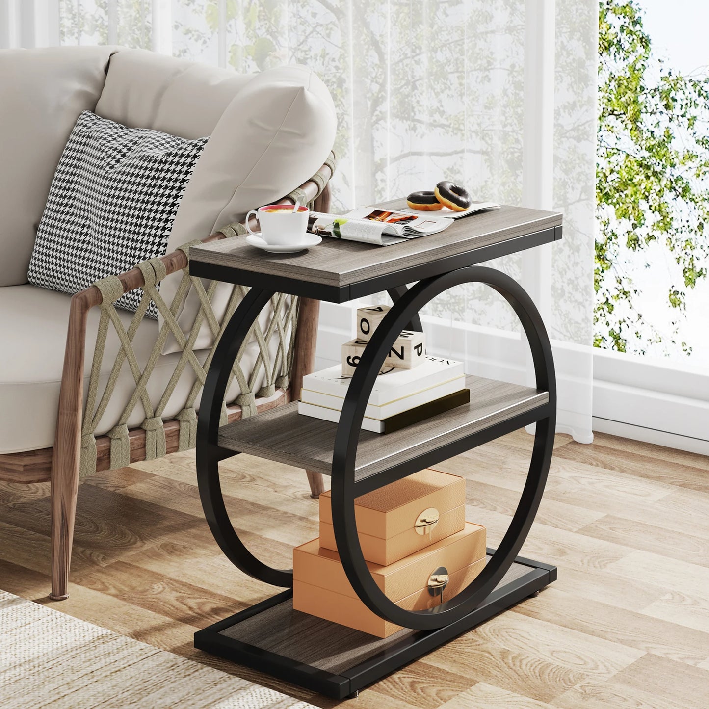 Tribesigns End Table, Narrow End Table with 3 Storage Shelves, Wooden Side Table, Industrial Small Sofa Side Table