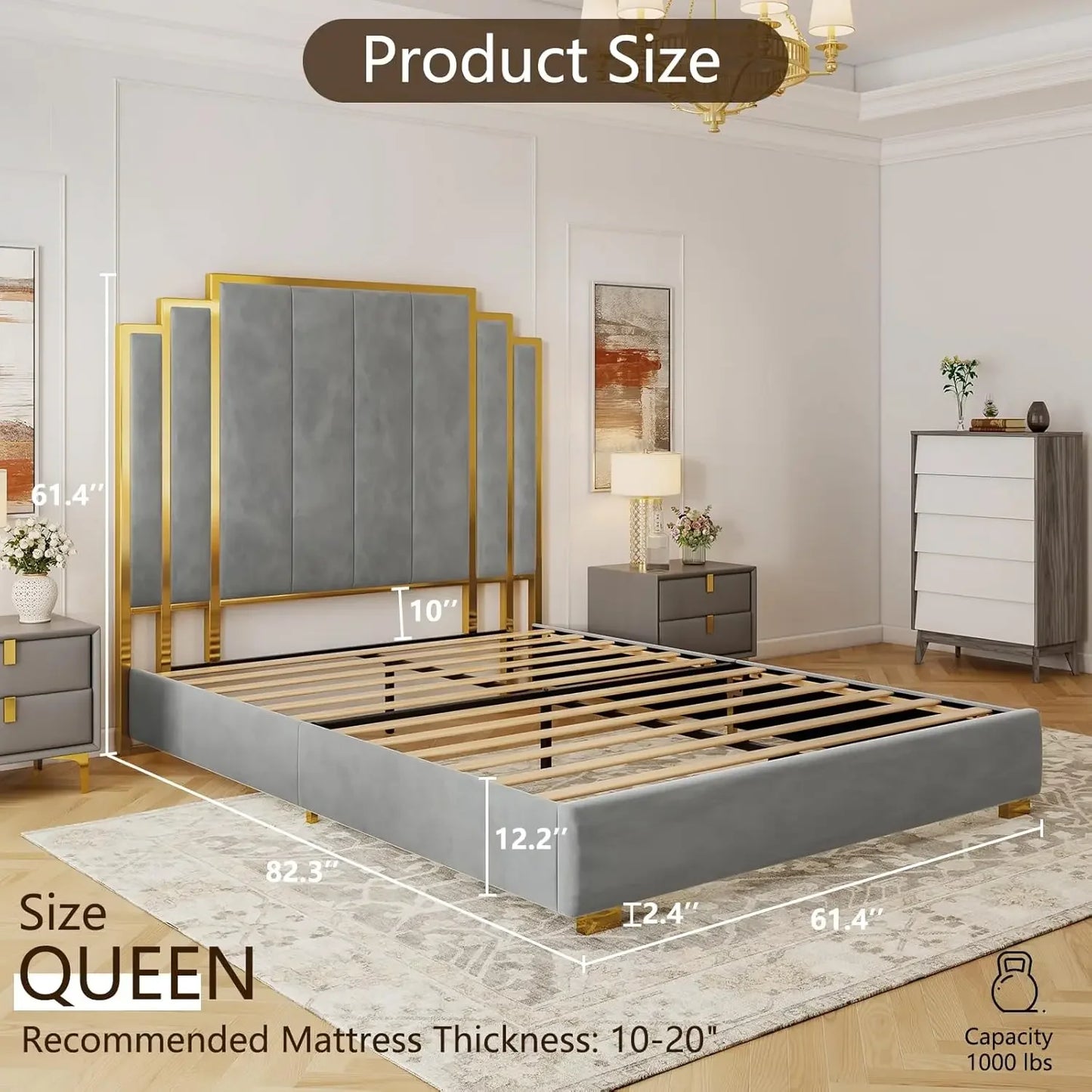 Queen & King Size Platform Bed Frame with Extra Tall Headboard