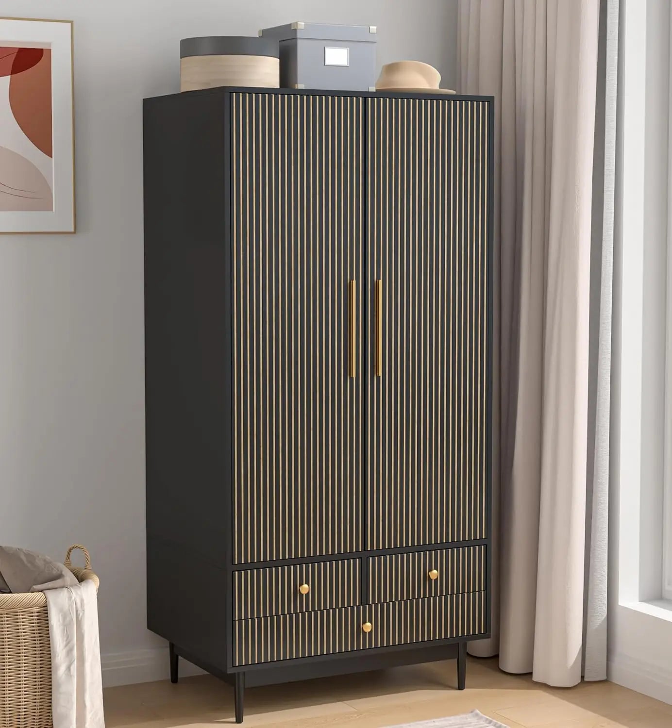 Wardrobe Closet with Drawers and 2 Fluted Doors