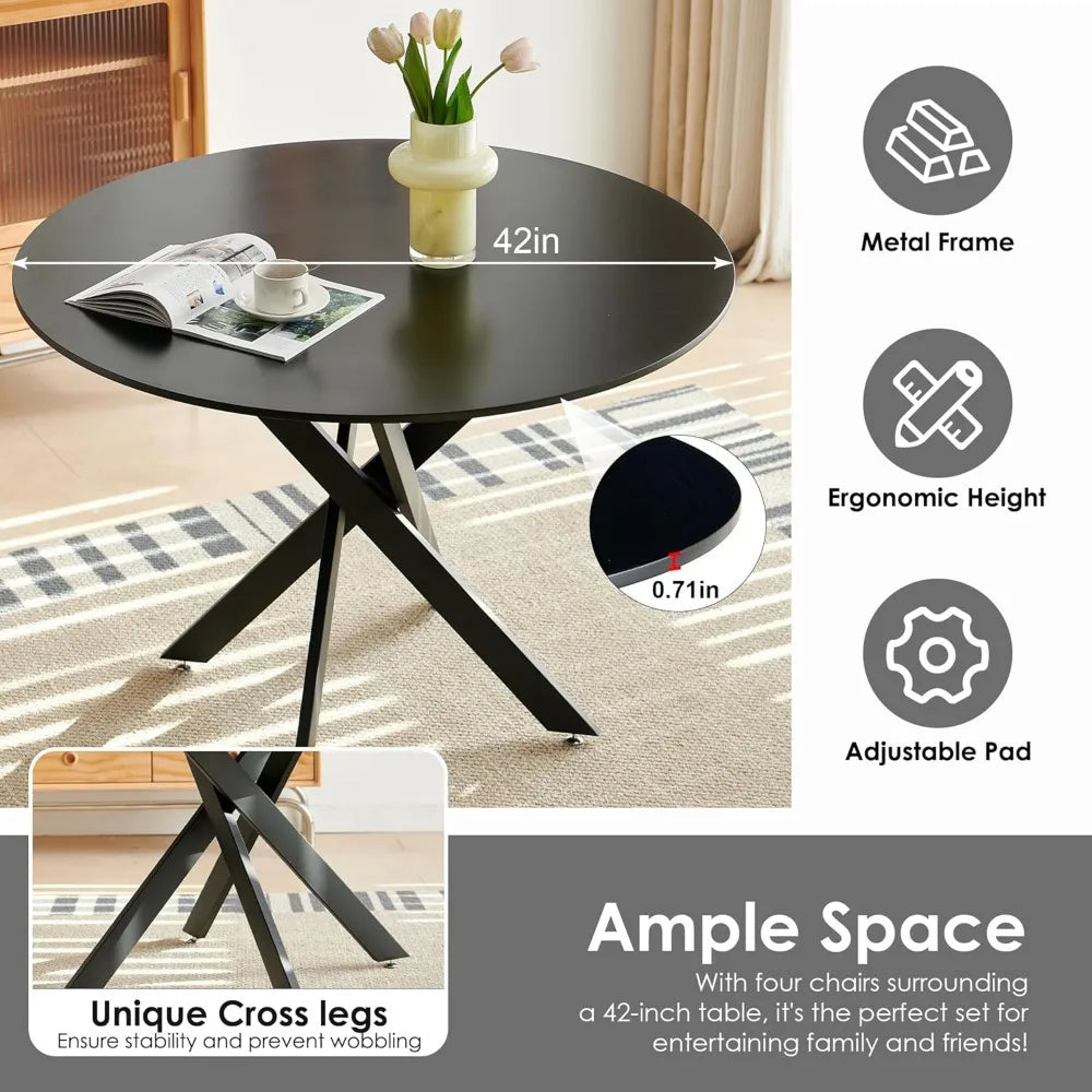 5 Piece Circle Dining Table Set for 4, 42 Inch Black Table & Velvet Upholstered Chairs With Sturdy Metal Legs, Round Kitchen