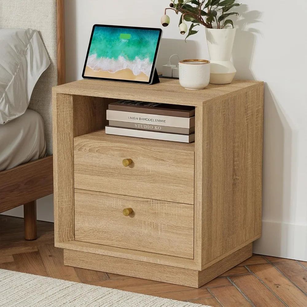 Nightstand Charging Station, Mid Century Modern Nightstand Wood Grain Texture, Boho End Table Drawers Storage
