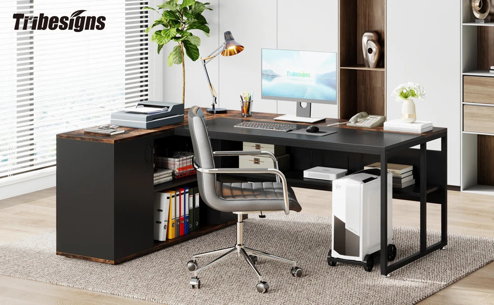 71 inch Executive Desk, L Shaped with Cabinet Storage