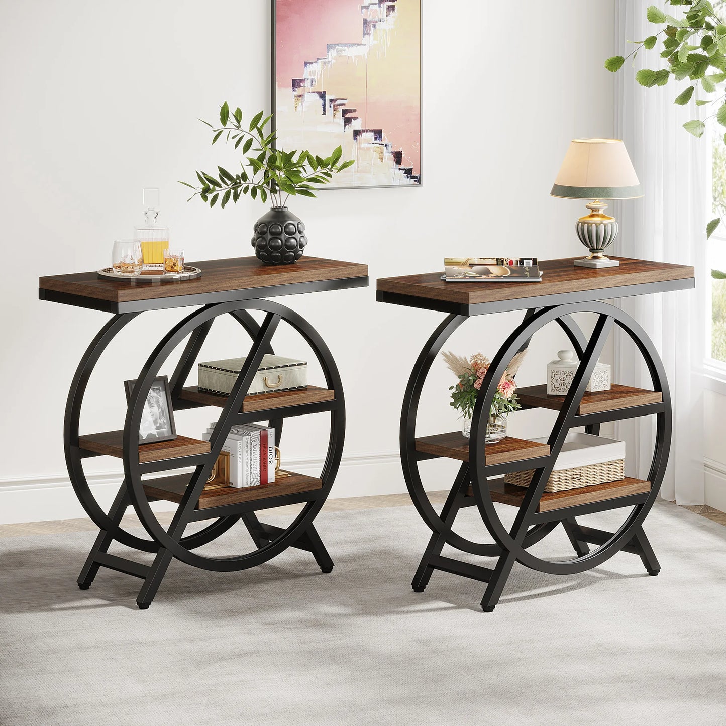 Tribesigns End Table, Narrow End Table with 3 Storage Shelves, Wooden Side Table, Industrial Small Sofa Side Table