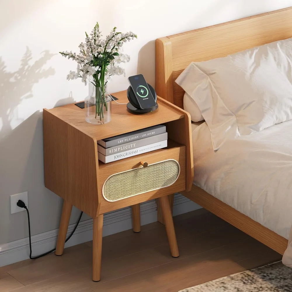Night Stand Set 2, Mid Century Modern Nightstands,Bedside Table with Charging Station & Rattan Decor Drawer, Boho End Table