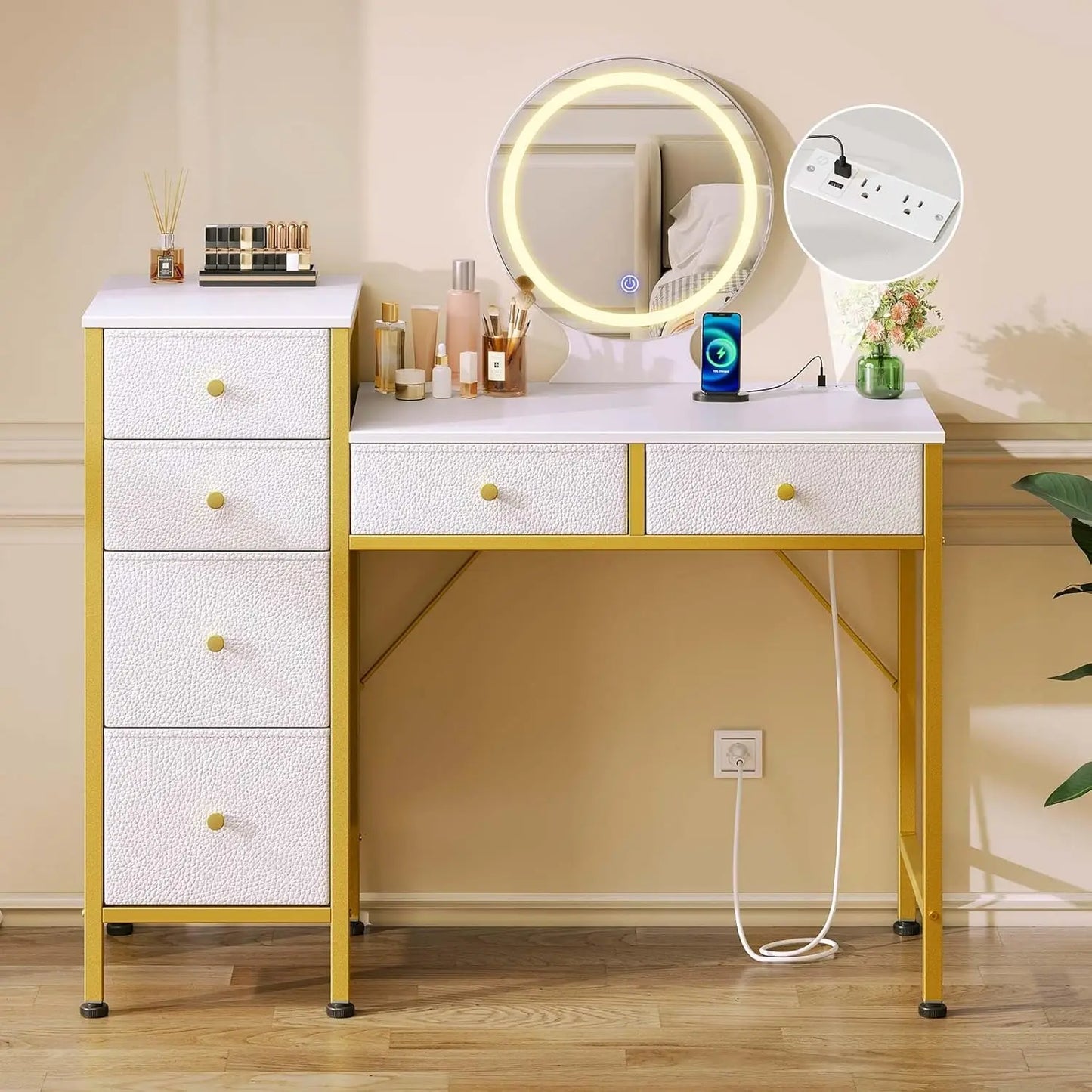 Vanity Desk with Mirror, Dresser with 6 Storage Drawers