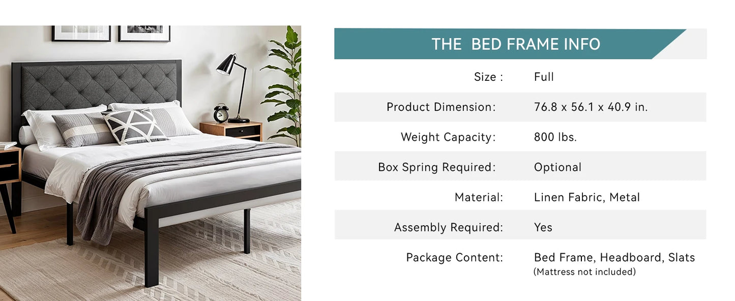 Bed Frame with Upholstered Finely Stitched Headboard - Queen, King, Full and Twin Sizes