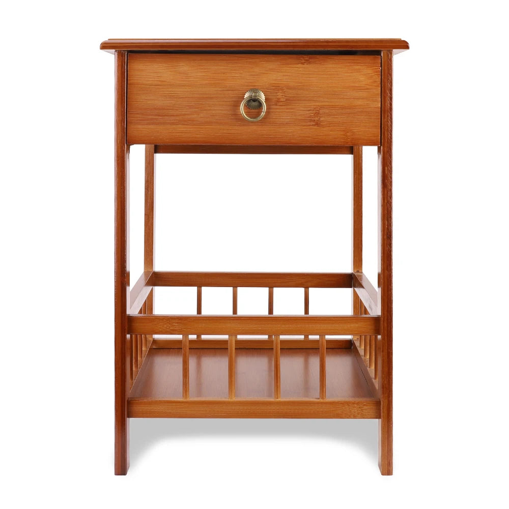 2-Tier Retro Bedside Table Bamboo Sofa Coffee End Table with Drawer Plant Display Storage Shelf Unit