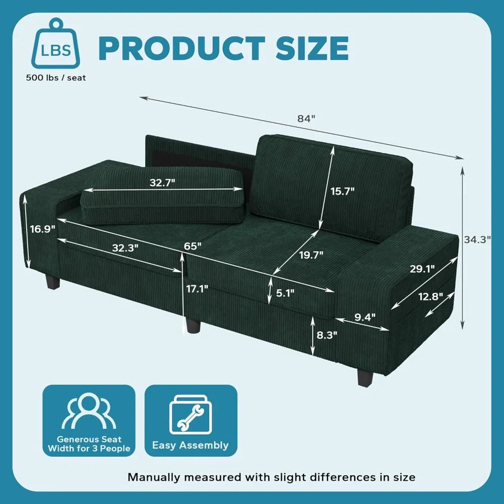 Corduroy Loveseat Couch, 3 Seater Retro Sofa with 4 Side Pockets