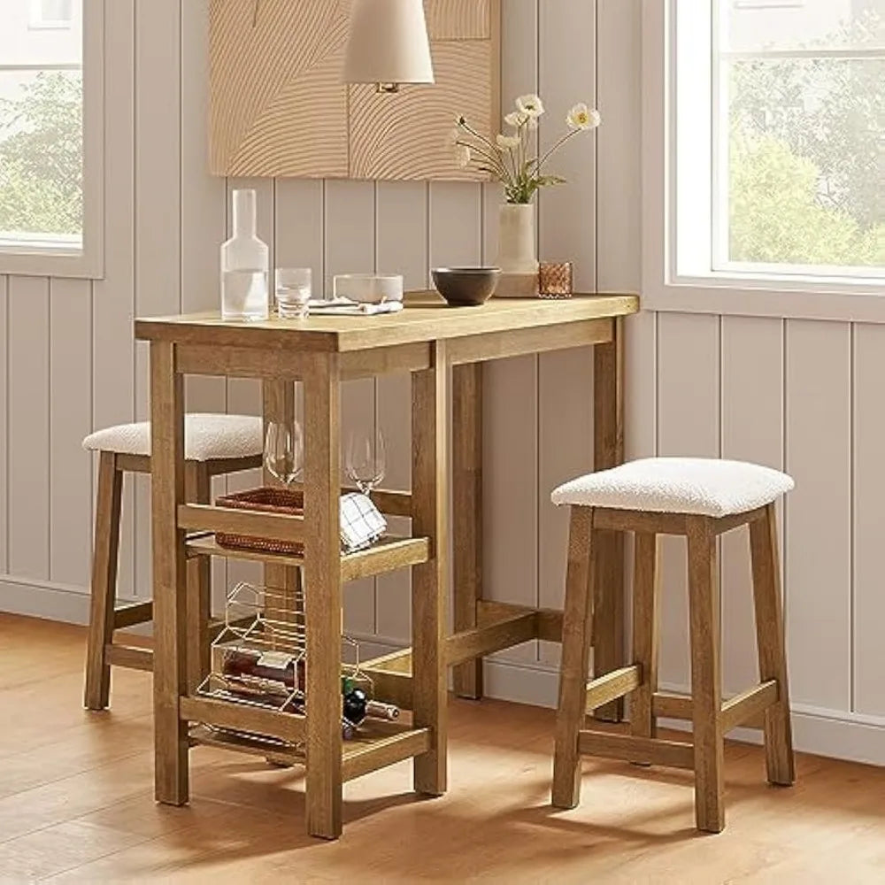 Solid Wood Counter Table Set with 2 Boucle Stools, 3-Piece Small Dining Kitchen Island Table Set for 2, with Storage