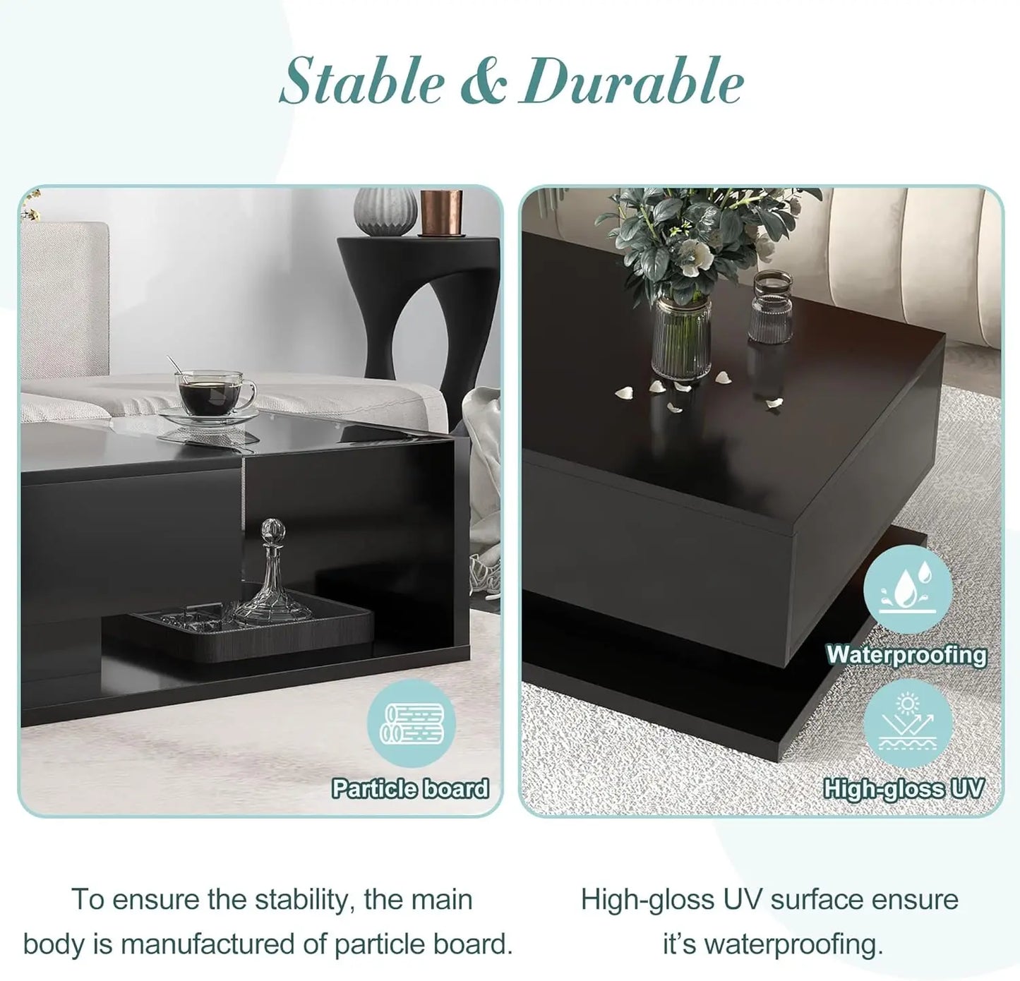 Coffee Table with Tempered Glass, Cocktail Table with High-Gloss UV Surface, Modernist 2-Tier Center Table for Living Room