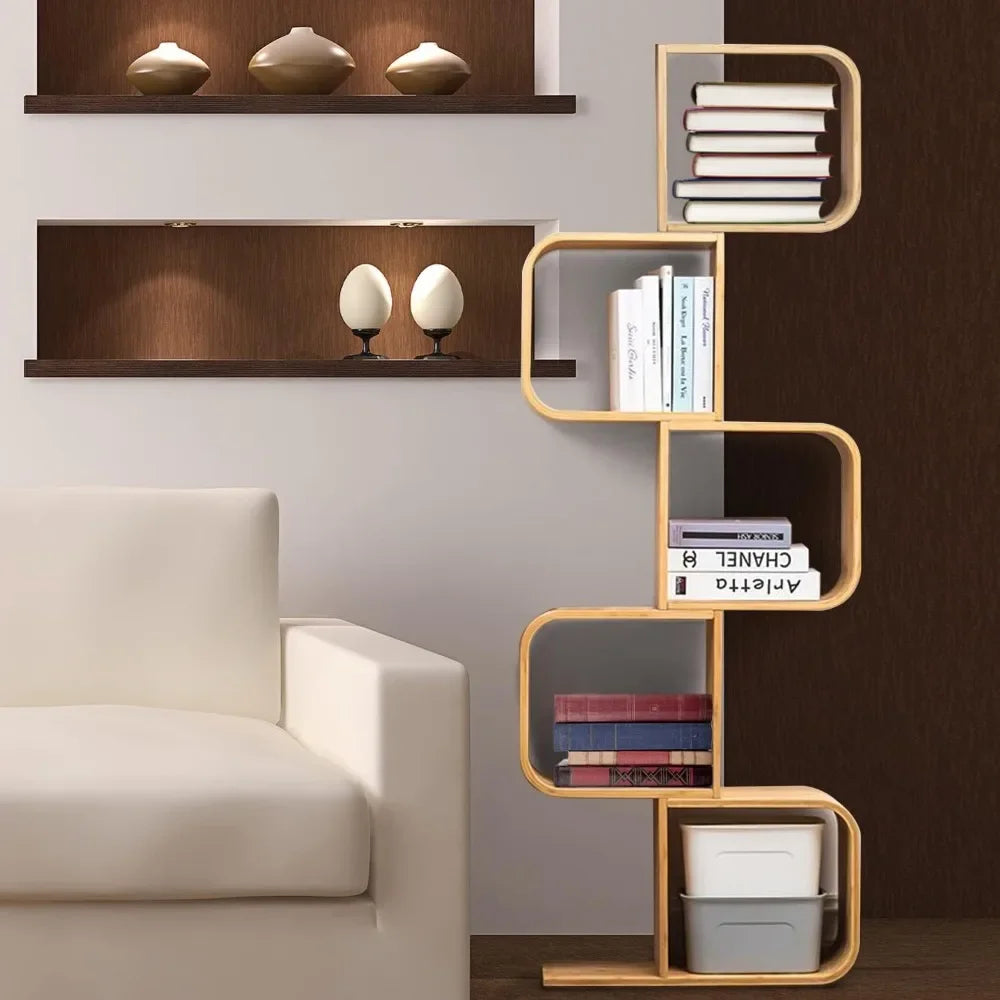 5-Tier Bamboo Bookshelf, 2 in 1 Bookcase Storage