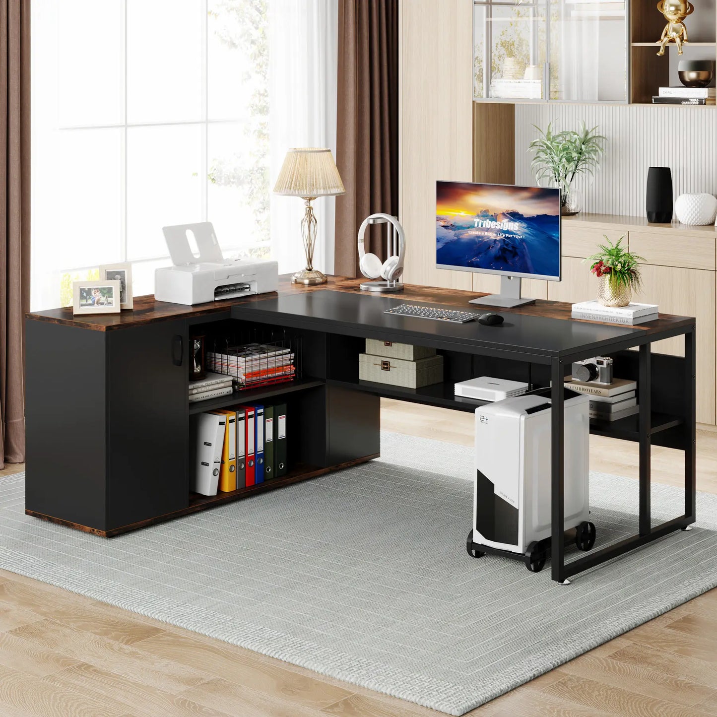 71 inch Executive Desk, L Shaped with Cabinet Storage