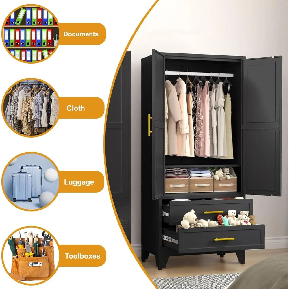 Metal Armoire Wardrobe Closet with 2 Drawers
