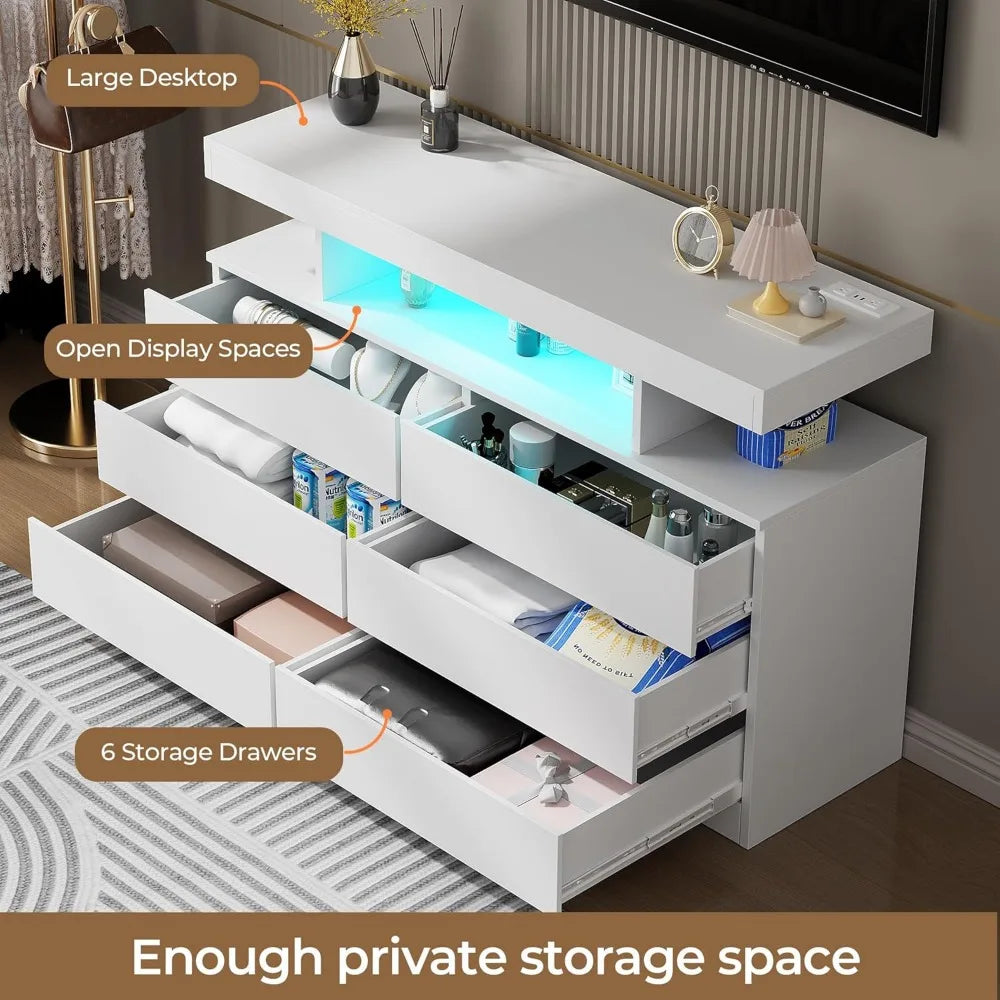 White Dresser, Chest of Drawers with Charging Station