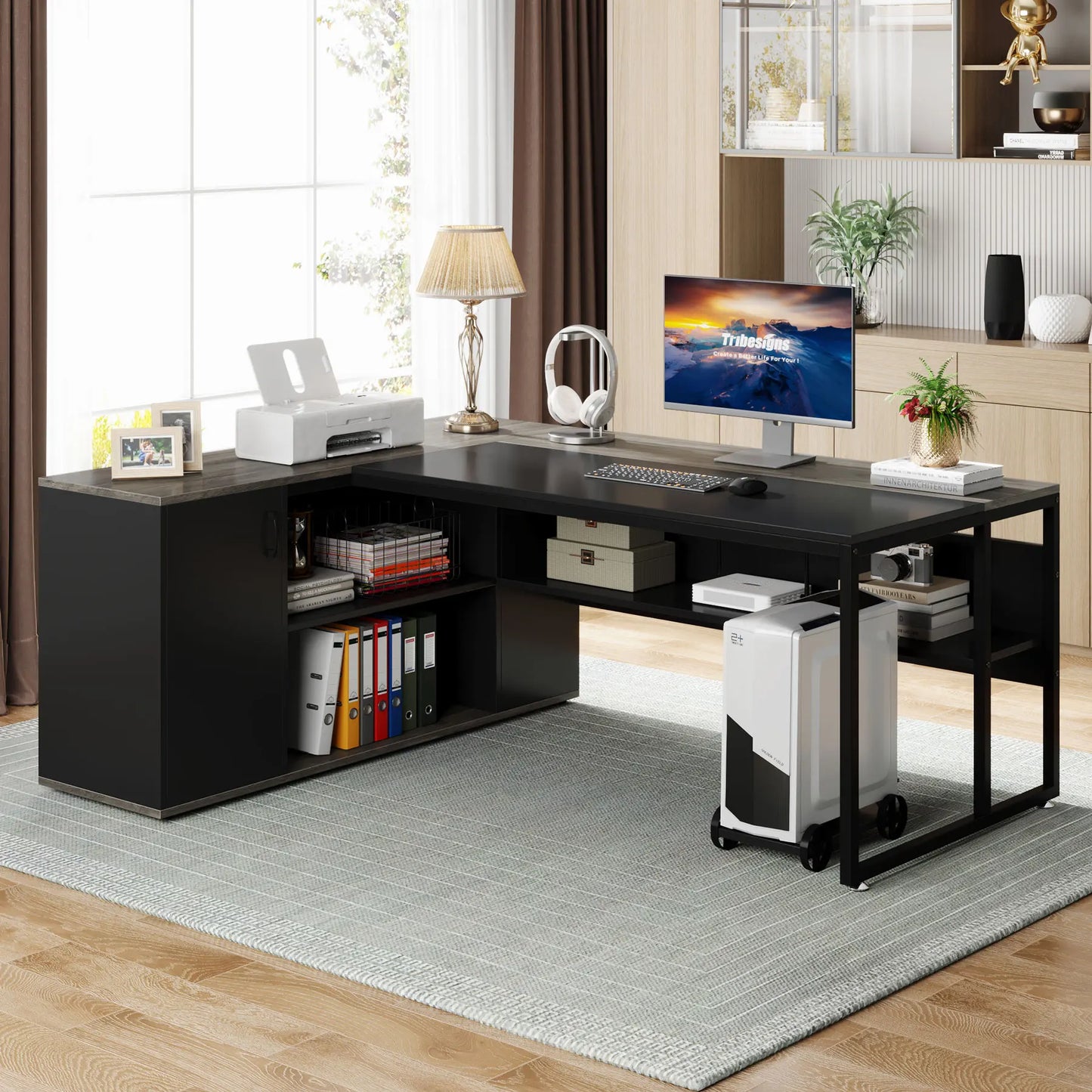 71 inch Executive Desk, L Shaped with Cabinet Storage