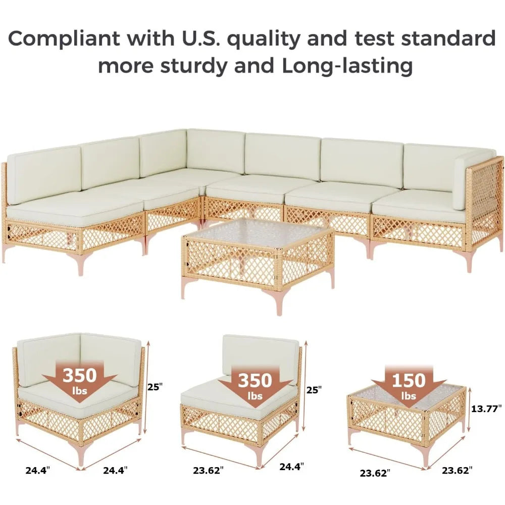7 Piece Outdoor Patio Furniture Set, Outdoor Set with Glass Table and Cushions