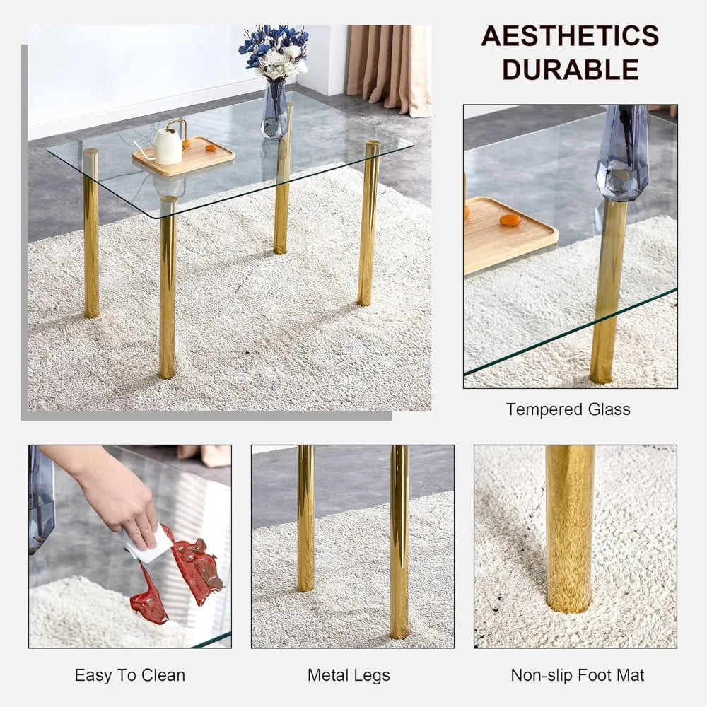 5 Pcs Modern Clear Glass Dining Table Set, 51'' Luxury Rectangular Kitchen Table Set, 4 Person Minimalist Dinner Room Table Set