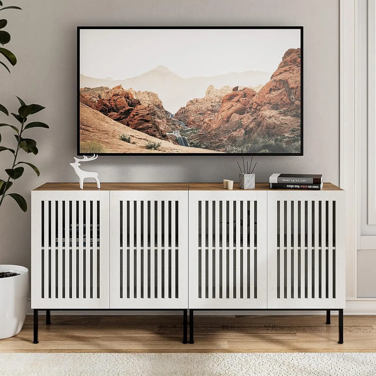 2 in 1 TV Stand with 4 Doors, Oak Sideboard, Metal Base