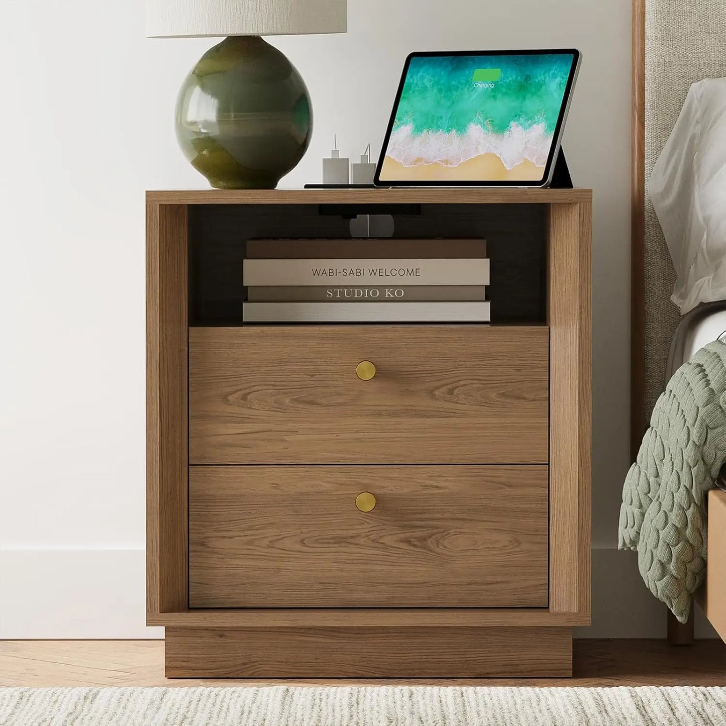 Nightstand Charging Station, Mid Century Modern Nightstand Wood Grain Texture, Boho End Table Drawers Storage