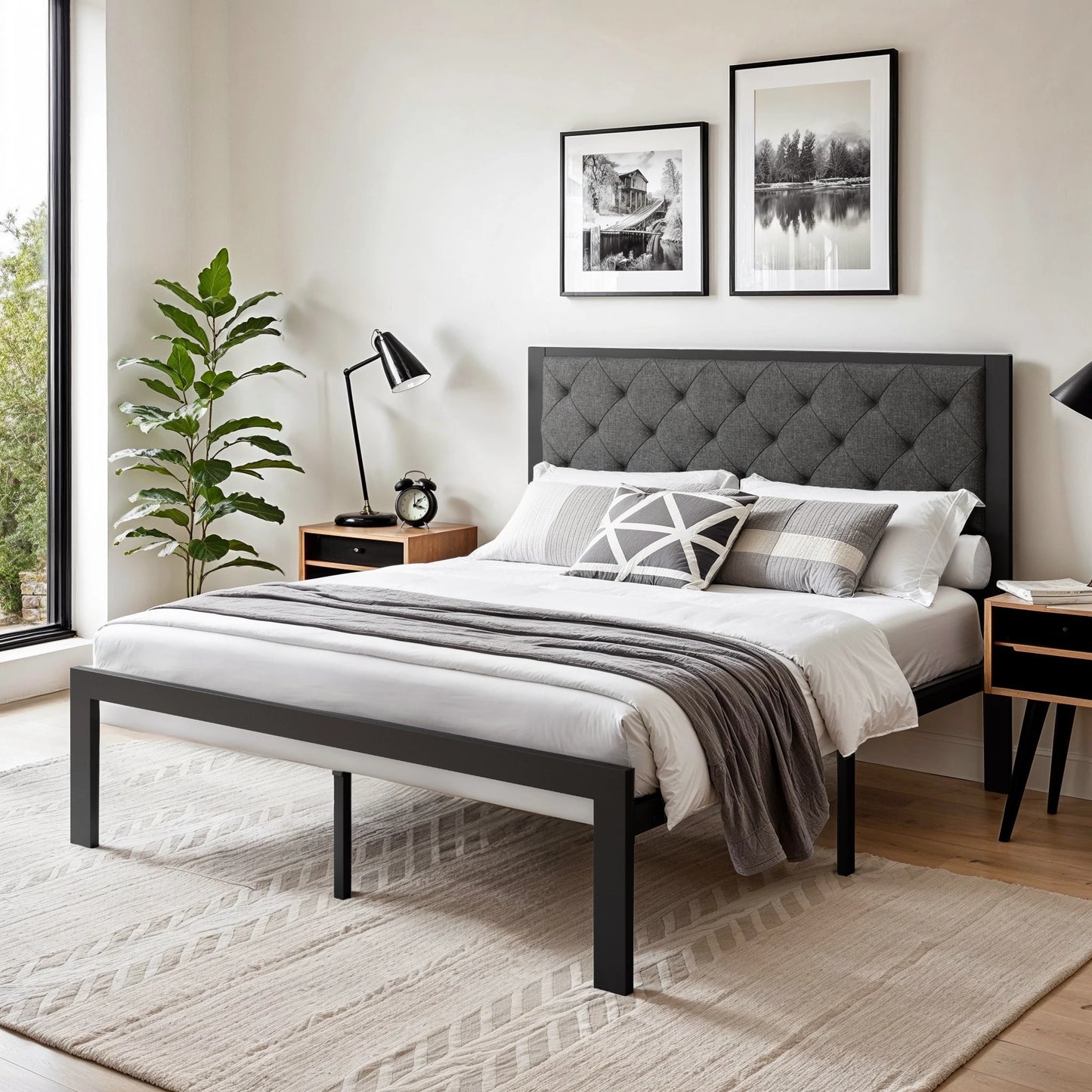 Bed Frame with Upholstered Finely Stitched Headboard - Queen, King, Full and Twin Sizes