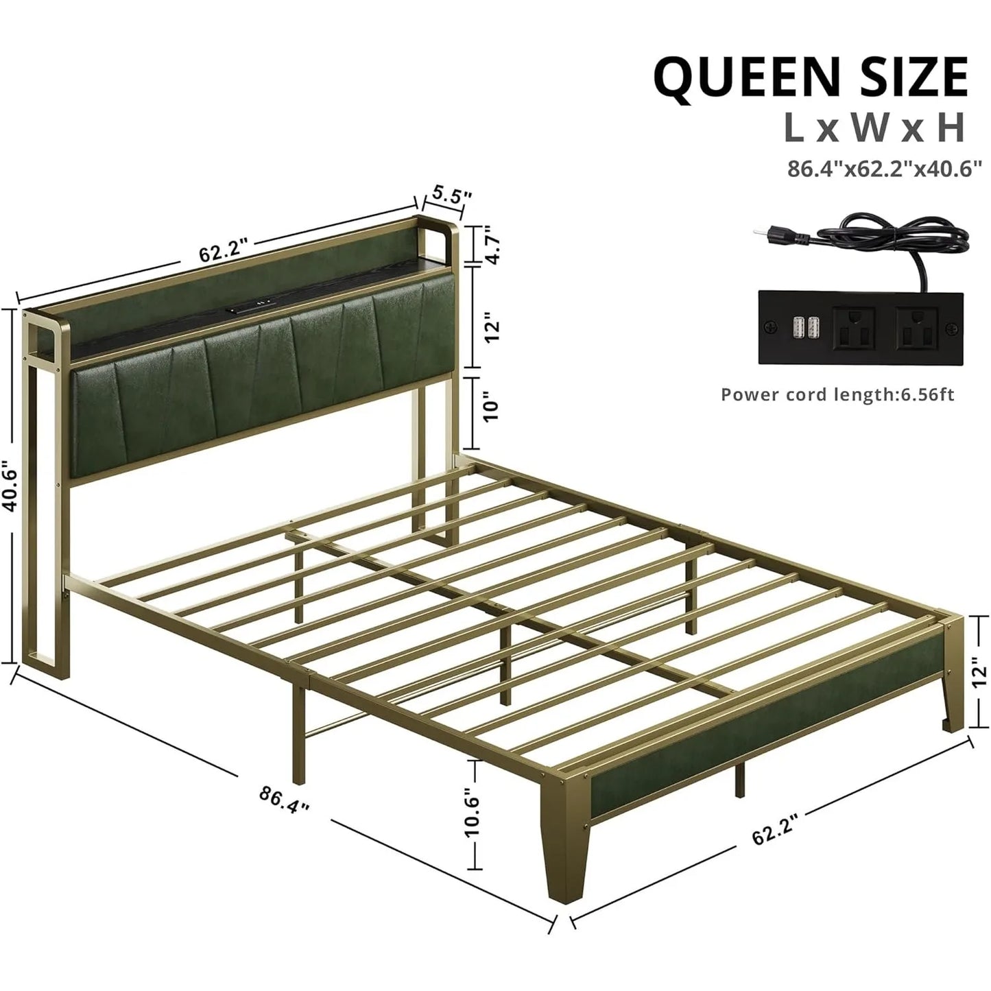 Queen Bed Frame, Storage Headboard with Charging Station