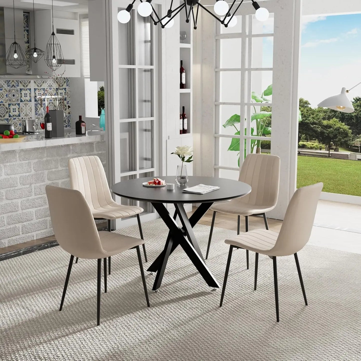 5 Piece Circle Dining Table Set for 4, 42 Inch Black Table & Velvet Upholstered Chairs With Sturdy Metal Legs, Round Kitchen