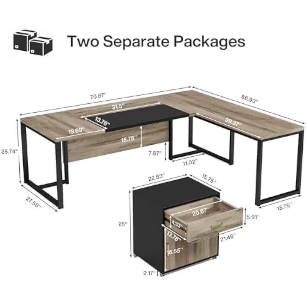 70.8" L-Shaped Executive Desk with Drawer Cabinet