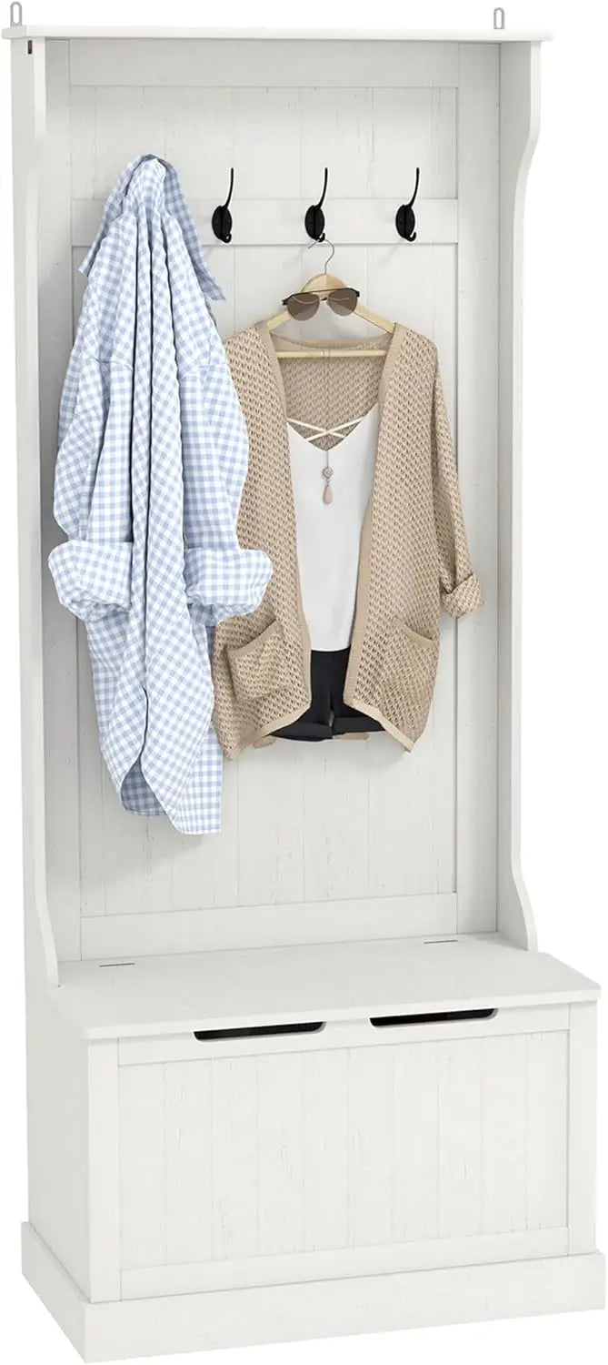 Standing Coat Rack with Shoe Bench and Four Hooks