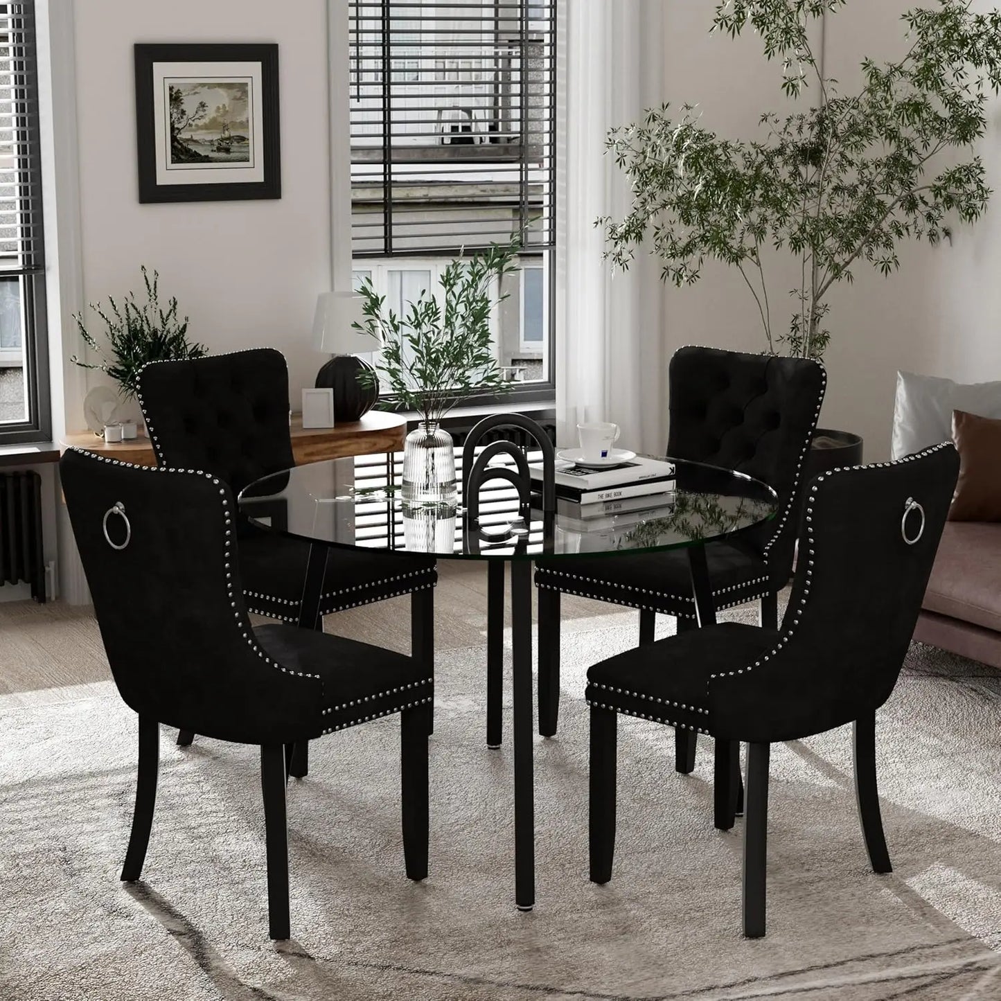 5 Piece Luxury Round Glass Dining Set, Modern Minimalist Circle Kitchen Table Set for 4, 42'' Clear Circular Glass Top Dinner Ro