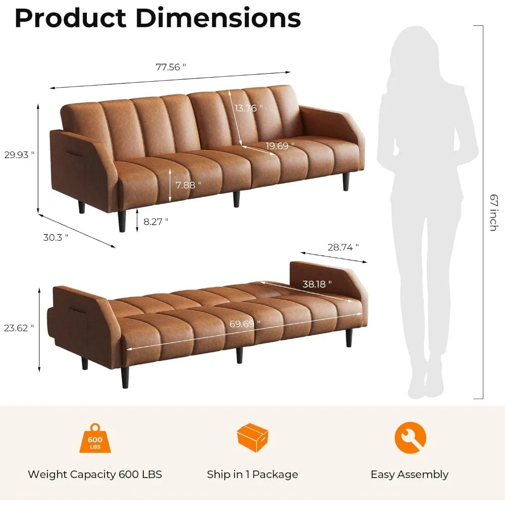 Sofa Bed Couch, 2 Seater Faux Leather Futon Sleeper