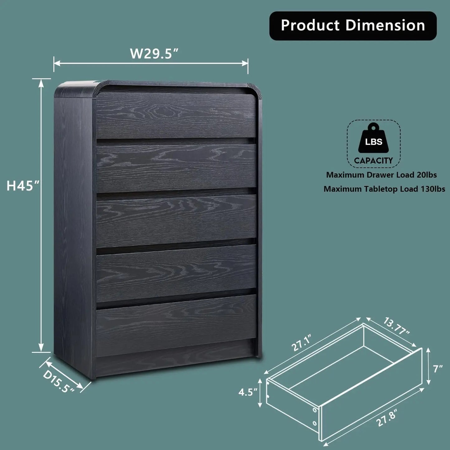 5 Drawers Dresser, Chest of Drawers w/Curved Profile Design
