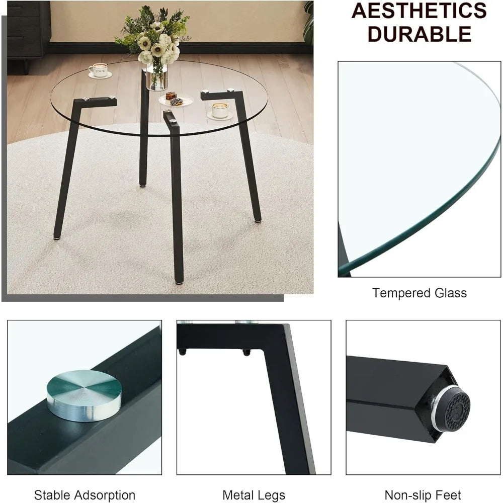 5 Piece Luxury Round Glass Dining Set, Modern Minimalist Circle Kitchen Table Set for 4, 42'' Clear Circular Glass Top Dinner Ro