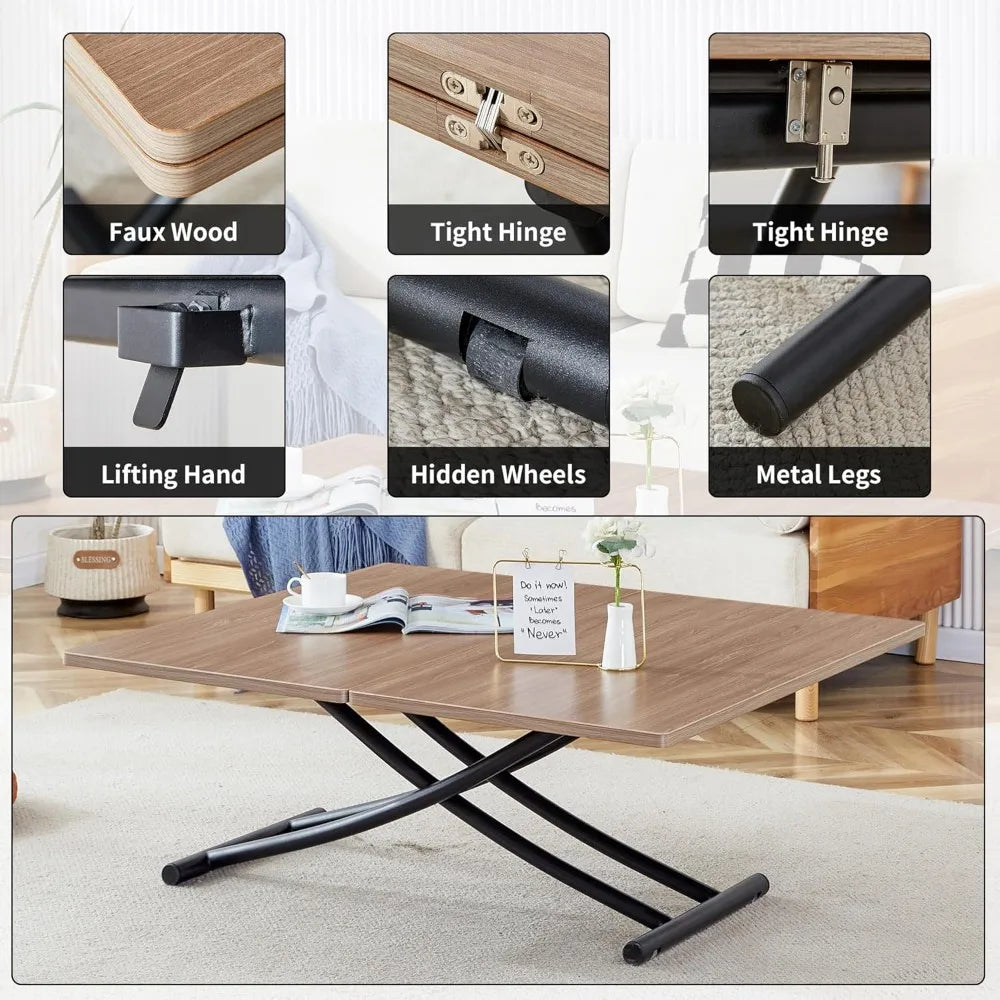 43.3" Folding Dining Table, 4 in 1 Multi-Function Table with MDF Tabletop & Height Adjustable, Lift Top Coffee Table Converts to