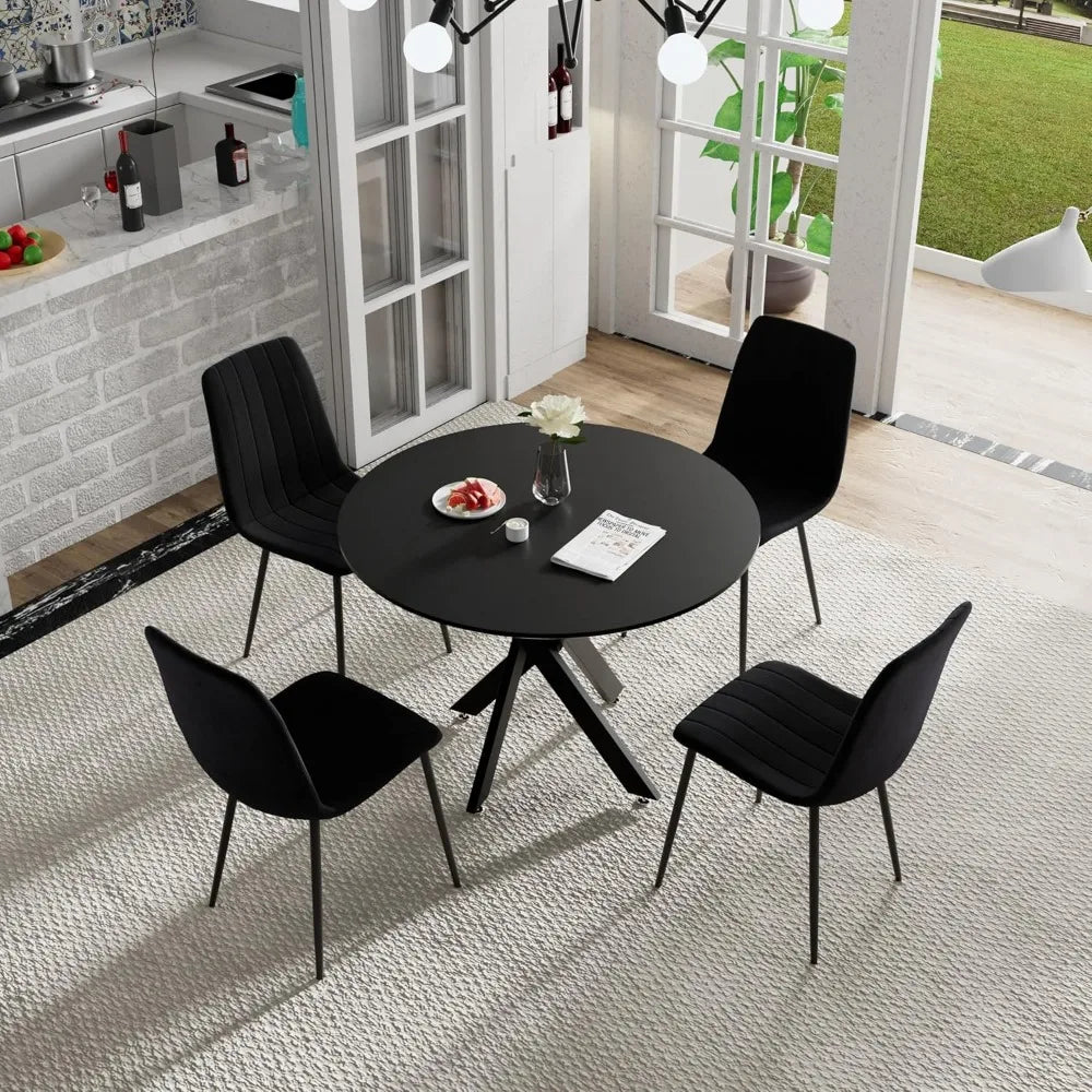 5 Piece Circle Dining Table Set for 4, 42 Inch Black Table & Velvet Upholstered Chairs With Sturdy Metal Legs, Round Kitchen
