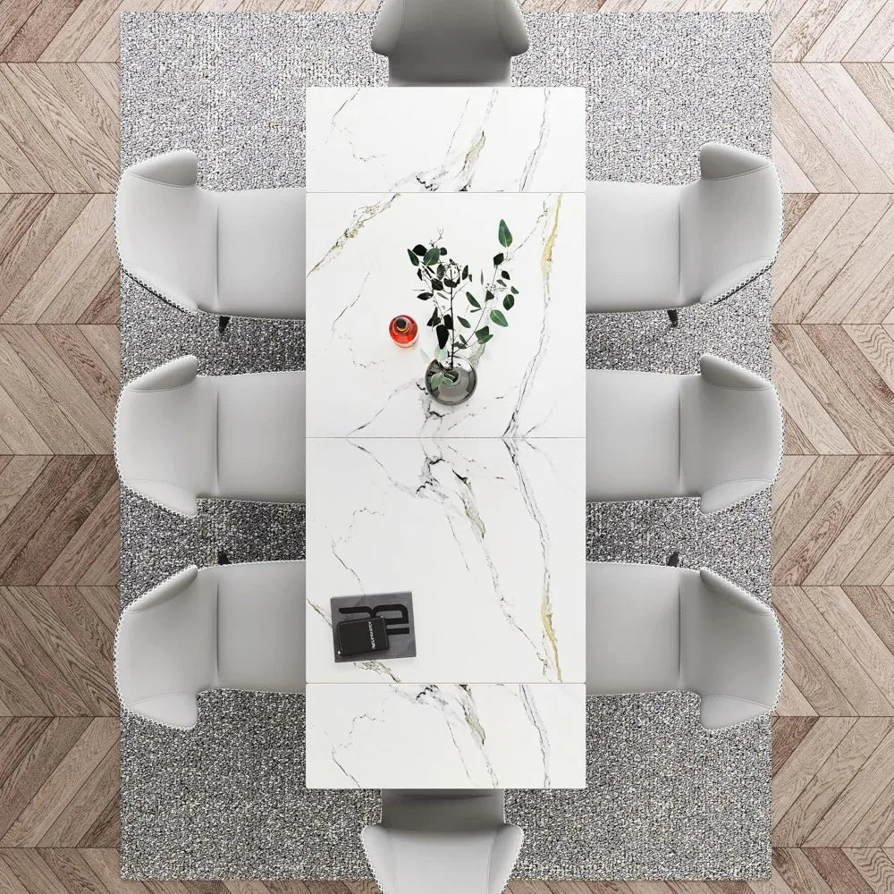 Extendable Dining Table for 4-8, 55"- 78" Rectangular Sintered Stone Dining Room Table, Faux Marble White Kitchen Table for Dini