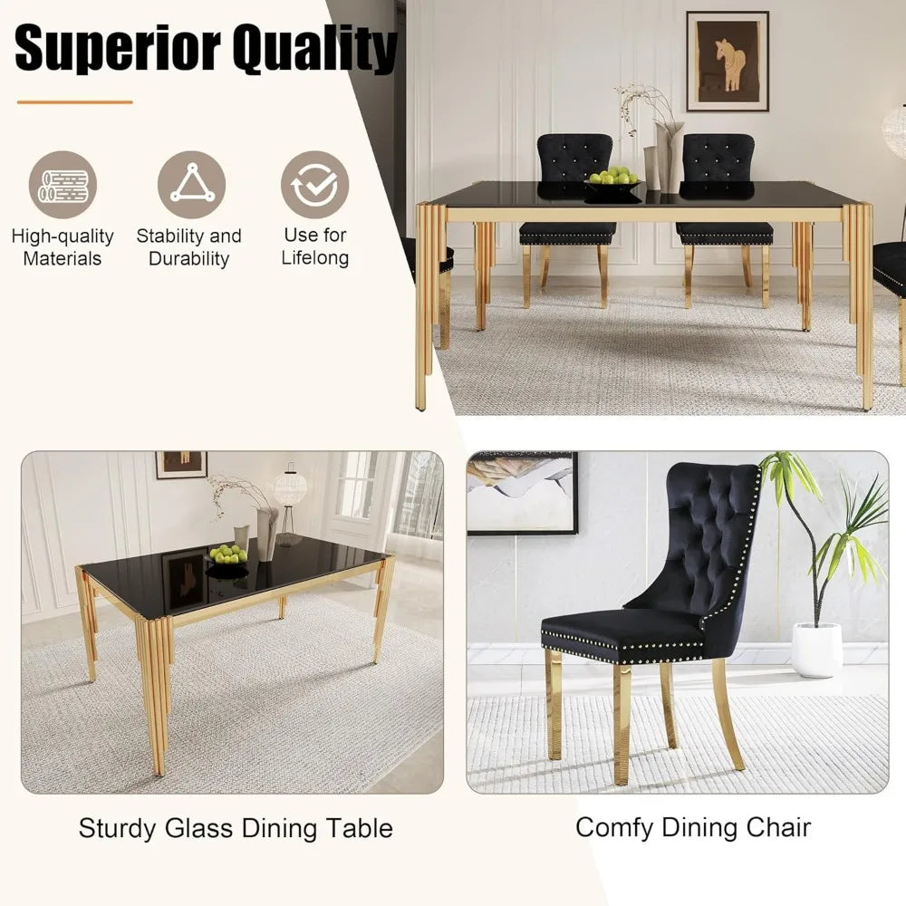 5 Piece Glass Dining Table Set for 4 People, 63" Rectangular Glass Kitchen Table with 4 Velvet Upholstered Chairs, Dining Room