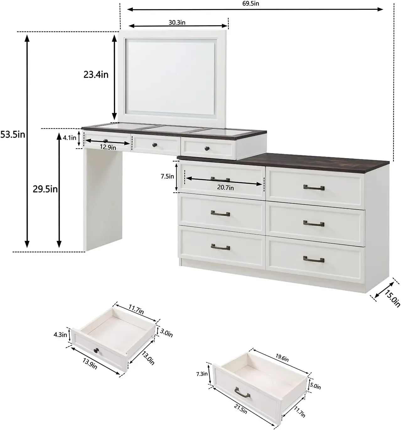 Vanity Desk with Glass Top, Dresser with 9 Storage Drawers