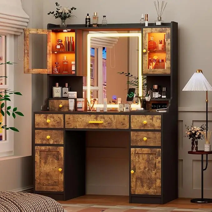 Vanity Table Set with Charging Station, Dresser with Mirror